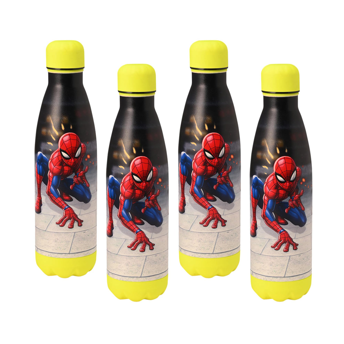 Kuber Industries 500 ml Water Bottle with 2 Lids | Marvel Spiderman | Stainless Steel Bottle for Travel-Gym & Sports | BPA-Free Insulated Sipper Bottle for Adults & Kids with Straw | Red | Pack of 4