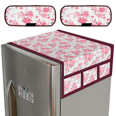 Kuber Industries Fridge Top Cover & Handle Cover Set | Fridge Top & Handle Cover Set | Refrigerator Cover & Handle Cover Combo Set | Barik Flower Fridge & Handle Cover | Pink