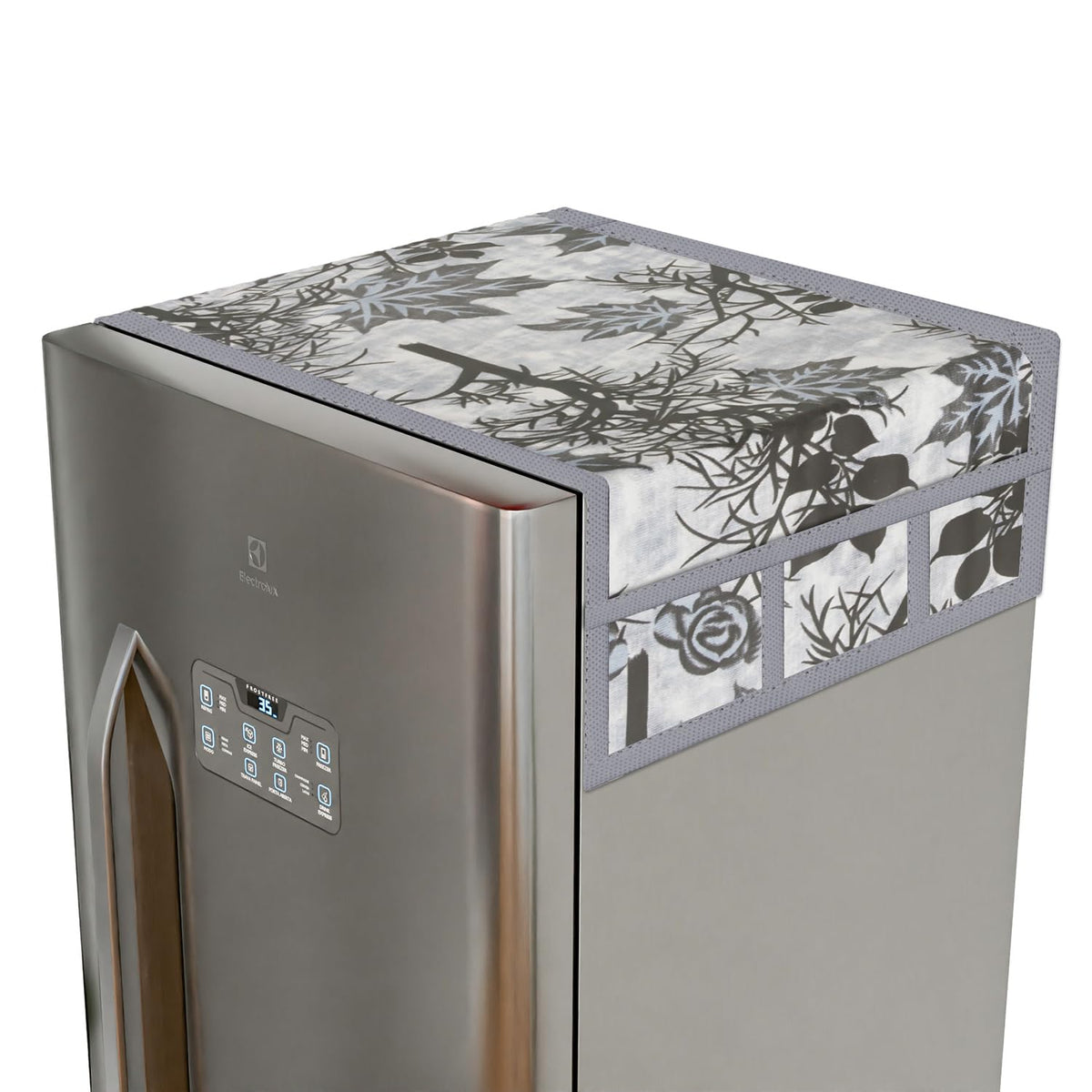 Kuber Industries Fridge Top Cover | Fridge Top Cover with Pockets | Refrigerator Top Cover for Kitchen | Fridge Top Cover with 6 Utility Pockets | Tree Kniting Fridge Cover | Gray