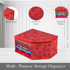 Heart Home Blouse Cover | Clothes Storage Bag | Zipper Wardrobe Organizers | Non-Woven Clothes Organiser | Side Transparent Blouse Organizer | New Flower-Design | Pack of 12 | Red