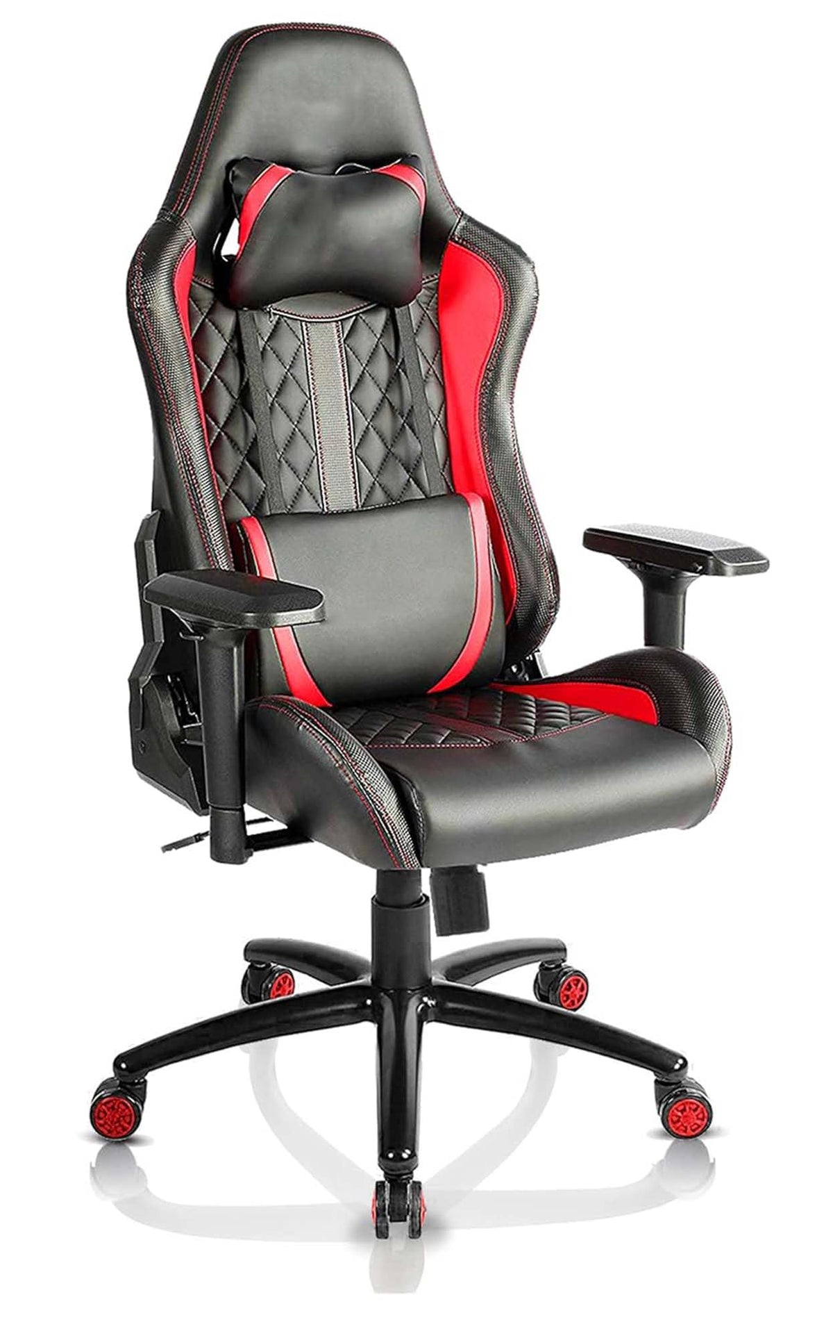 Kuber Industries Ergosmart PC Gaming Chairs with Arm Rest & Wheels | Comes with Headrest & Lumbar Support Cushions | Comfortable Chair for Long Sitting & Back Pain Relief Support | Red & Black