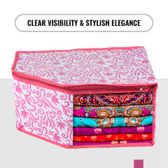 Heart Home Blouse Cover | Clothes Storage Bag | Zipper Wardrobe Organizers | Non-Woven Clothes Organiser | Side Transparent Blouse Organizer | Leaf-Design | Pack of 3 | Pink