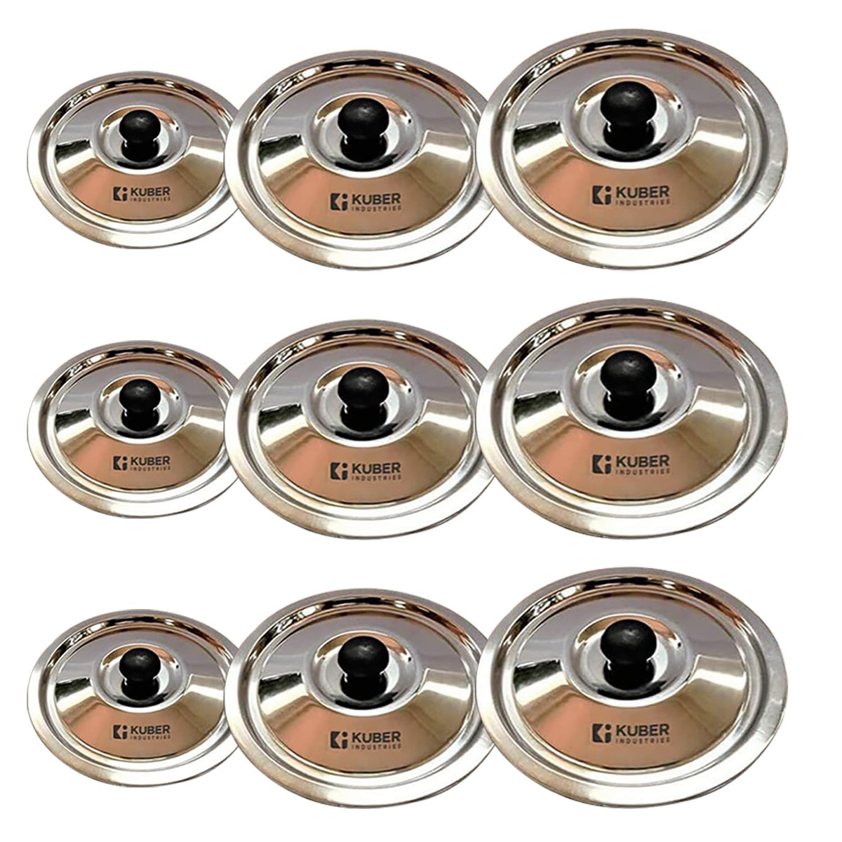 Kuber Industries Stainless Steel Multipurpose Lid with Knob | Sturdy Knob & Durable | Suitable for Pots, Pans, Kadhai, Tawa | Easy to Clean & Hold | Steel Cooking Lid Set of 3 (Pack of 2)