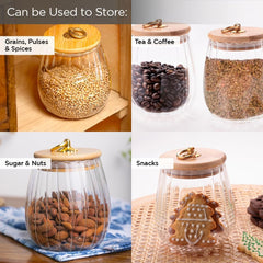 Urbane Home Borosilicate Glass Jar with Bamboo Lid | Kitchen Organizer Items & Storage | Multi-utility, Leakproof, Airtight Jar for Cookies, Snacks, Tea, Coffee, Sugar | Set of 2 (680ml, 830ml)