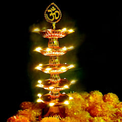 Kuber Industries Diwali Lights | Diwali String Light for Décor | Lights for Christmas | Lights for Navratri | Pooja Light for Diwali | Lights for Indoor | LED 5 Layer Diya Stand | Golden