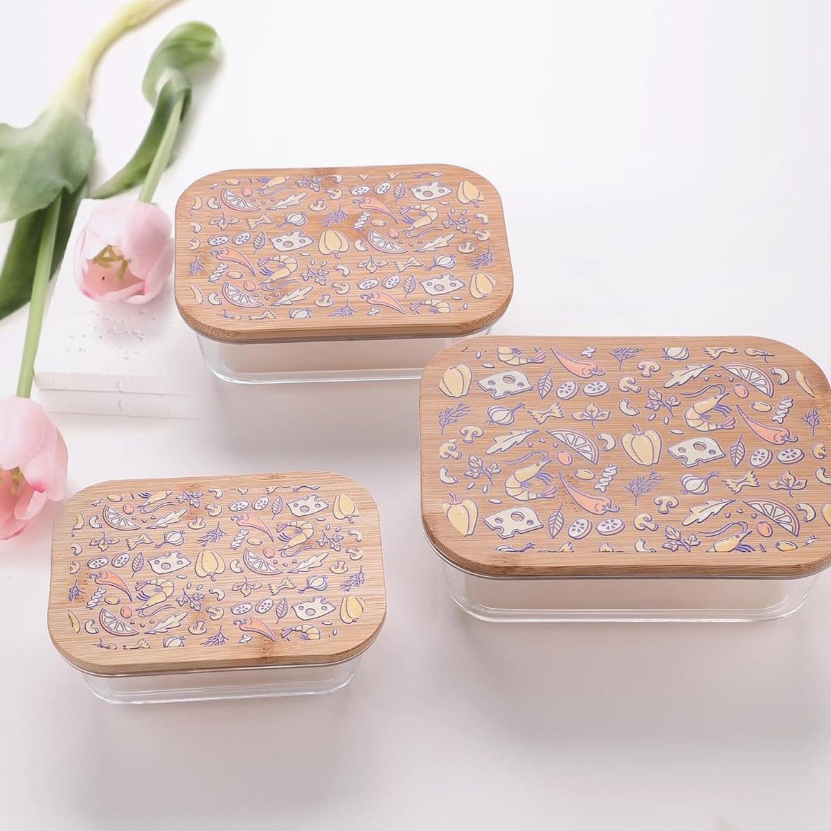 Heart Home Pack of 3 Borosilicate Kitchen Containers with Bamboo Lid | Glass Containers with lid | Airtight | 370ml 640ml 1060ml | kitchen accessories items| Multipurpose | Ratatouille Print