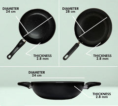 Heart Home 3 PCS Aluminium Cooking Set for Kitchen 24 cm Wok, 24 cm Fry Pan with Lid & 28 cm Tawa | Nonstick Induction Cookware Set | Kadhai, Frying Pan & Tawa Utensils Set | Black