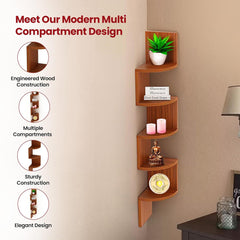 Kuber Industries Durable & Sturday Wooden 5 Tier Zig Zag Corner Wall Mount Wooden Wall Shelf for Bedroom & Living Room | Furniture Wall Rack Shelf for Decor | Walnut