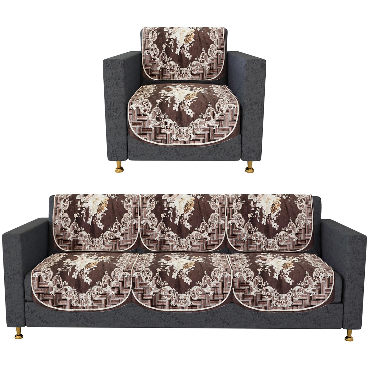 Heart Home Sofa Cover | 3+1 Seater Sofa Slip Cover Set | Brown Check Border Sofa Cover | Velvet Couch Cover | Sofa Slipcover Set | Sofa Cover for Living Room | Cream