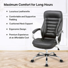 Kuber Industries Leather Office Chairs for Work From Home | Comes with Manual Height Adjustable, Armrest, Headrest & Lumbar Support | Comfy Study Chair for Students with Wheels | Black | SAVOC115BLK