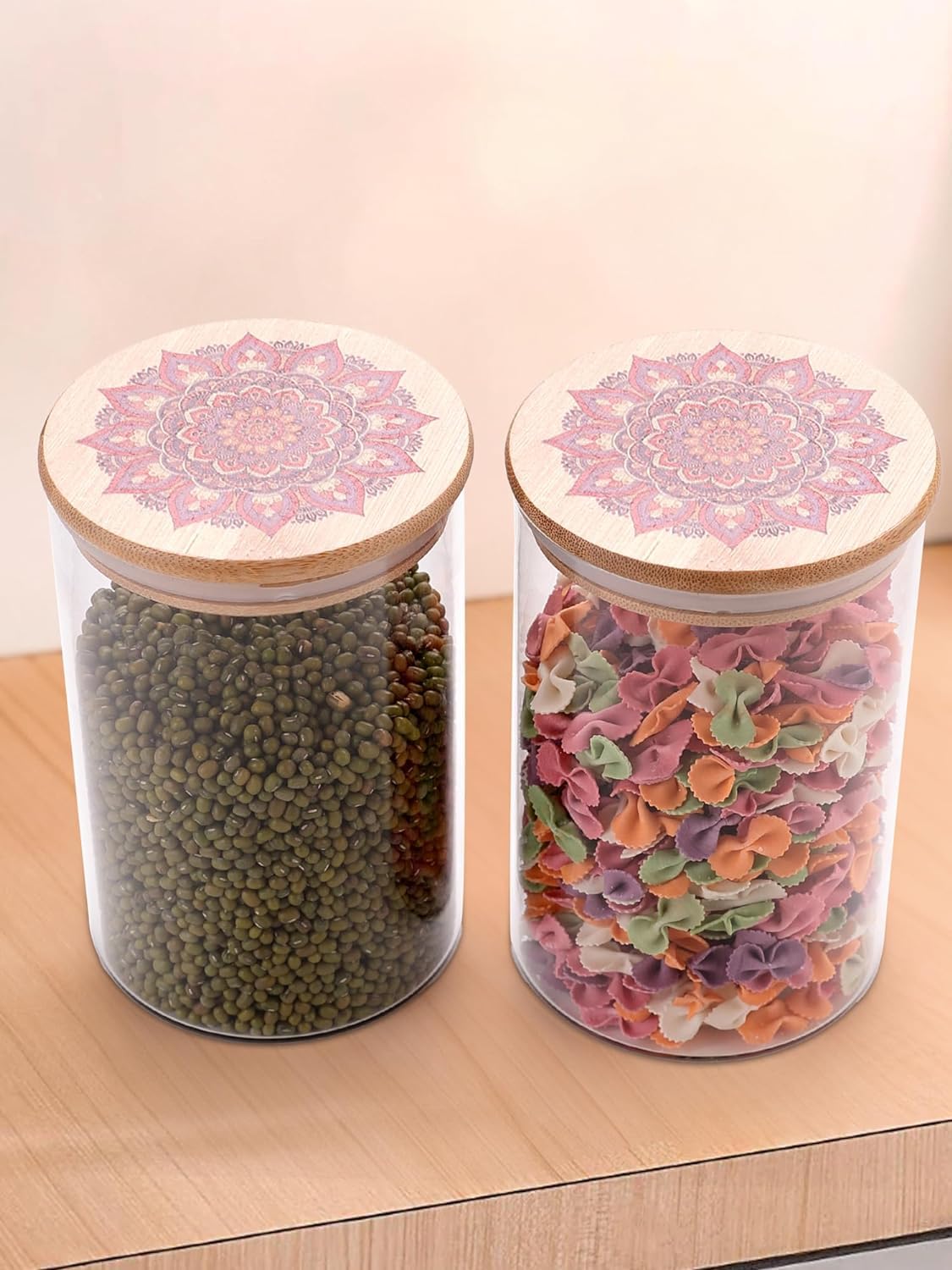 Urbane Home Borosilicate Glass Jar with Printed Bamboo Lid|Kitchen Organizer Items and Storage|Multi-utility, Leakproof, Airtight Storage Jar for Cookies,Snacks,Tea,Coffee,Sugar|Pack of 2(1000ml)