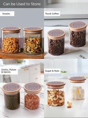 Urbane Home Borosilicate Glass Jar with Printed Bamboo Lid|Kitchen Organizer Items and Storage|Multi-utility, Leakproof, Airtight Storage Jar for Cookies,Snacks,Tea,Coffee,Sugar|Pack of 4(600ml)