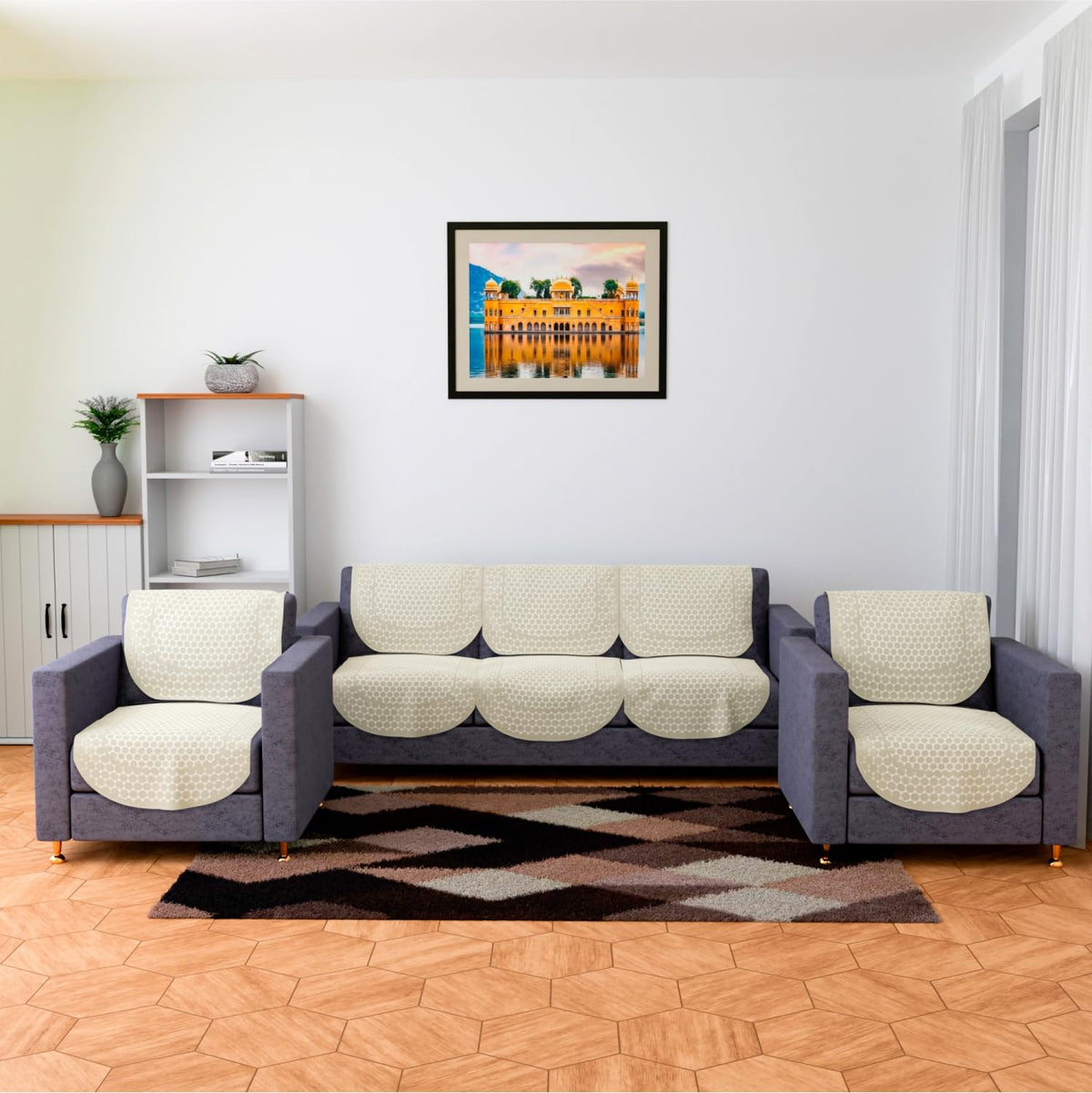 Heart Home Sofa Cover | Net Sofa Slipcover Set | Sofa Cover for Living Room | Sofa Cover for Hall | 5-Seater Sofa Cover for Home Decor | Dot Sofa Cover Set | Cream