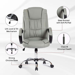 Kuber Industries Leather Office Chairs for Work From Home | Comes with Manual Height Adjustable, Armrest, Headrest & Lumbar Support | Comfy Study Chair for Students with Wheels | Grey | SAVOC106GRY
