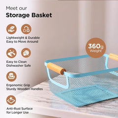 Homestic Metal Mesh Basket for Storage with wooden handle | 360gm | Fruit basket for kitchen | Kitchen organizer | Baskets for organizing home and kitchen | Multipurpose | Blue