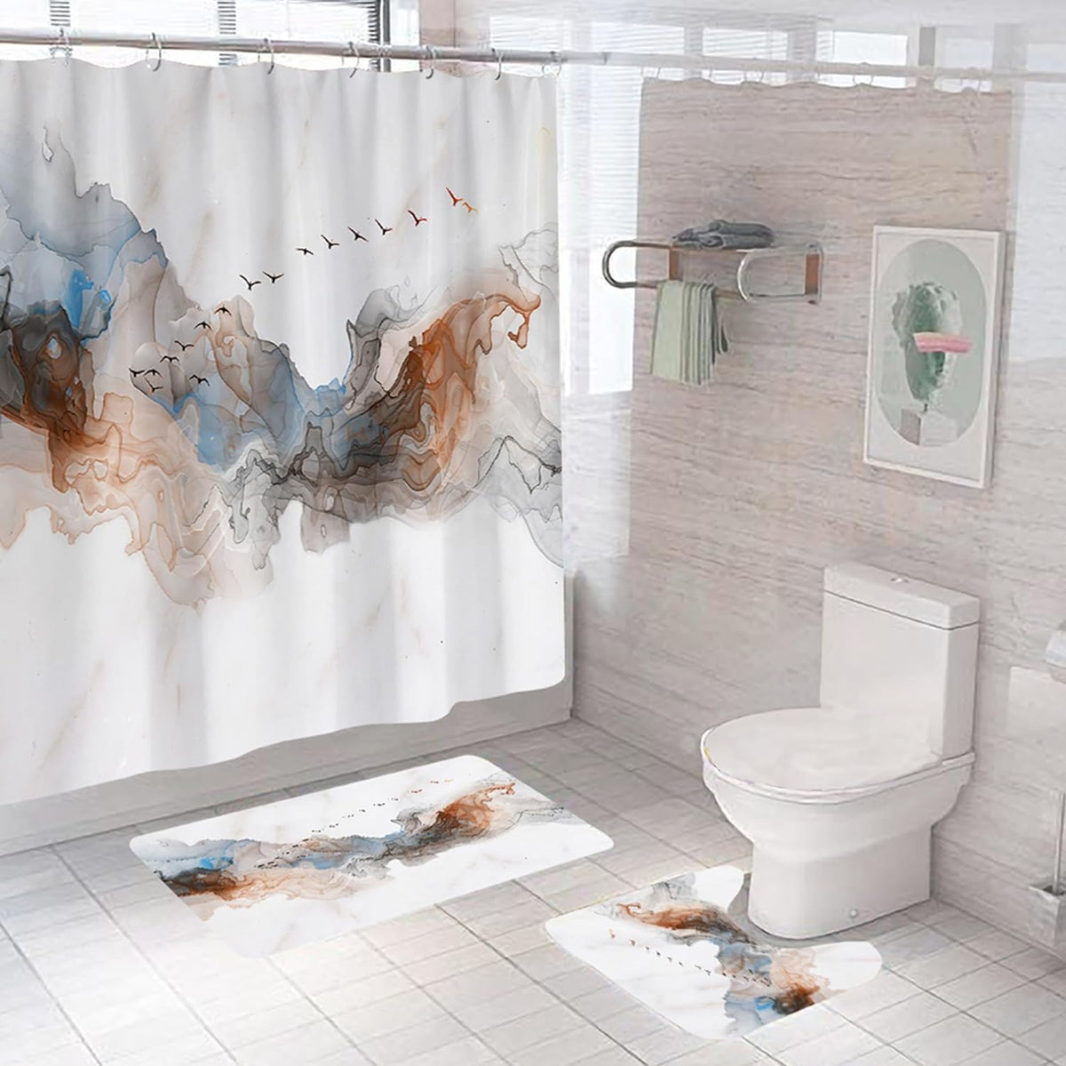 Urbane Home 7 Feet Shower Curtain & 2 Pcs Bathmat I Anti Slip I Quick Dry I Waterproof I Easy-Slide Curtains I Bath Decor I Multicolour