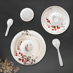 Kuber Industries 40 Pieces Round Melamine Microwave & Dishwasher Safe Dinnerware Kitchen Crockery Set | Glossy Dinner Sets & Kitchen Set for Home | Deluxe Red Gray Floral - White