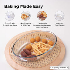 Heart Home 1600 ml Borosilicate Glass Baking Tray | Transparent Microwave Oven Safe Utensils | Oval Bread Moulds for Baking | Dishwasher & Freezer Safe | Multipurpose use Serving Tray
