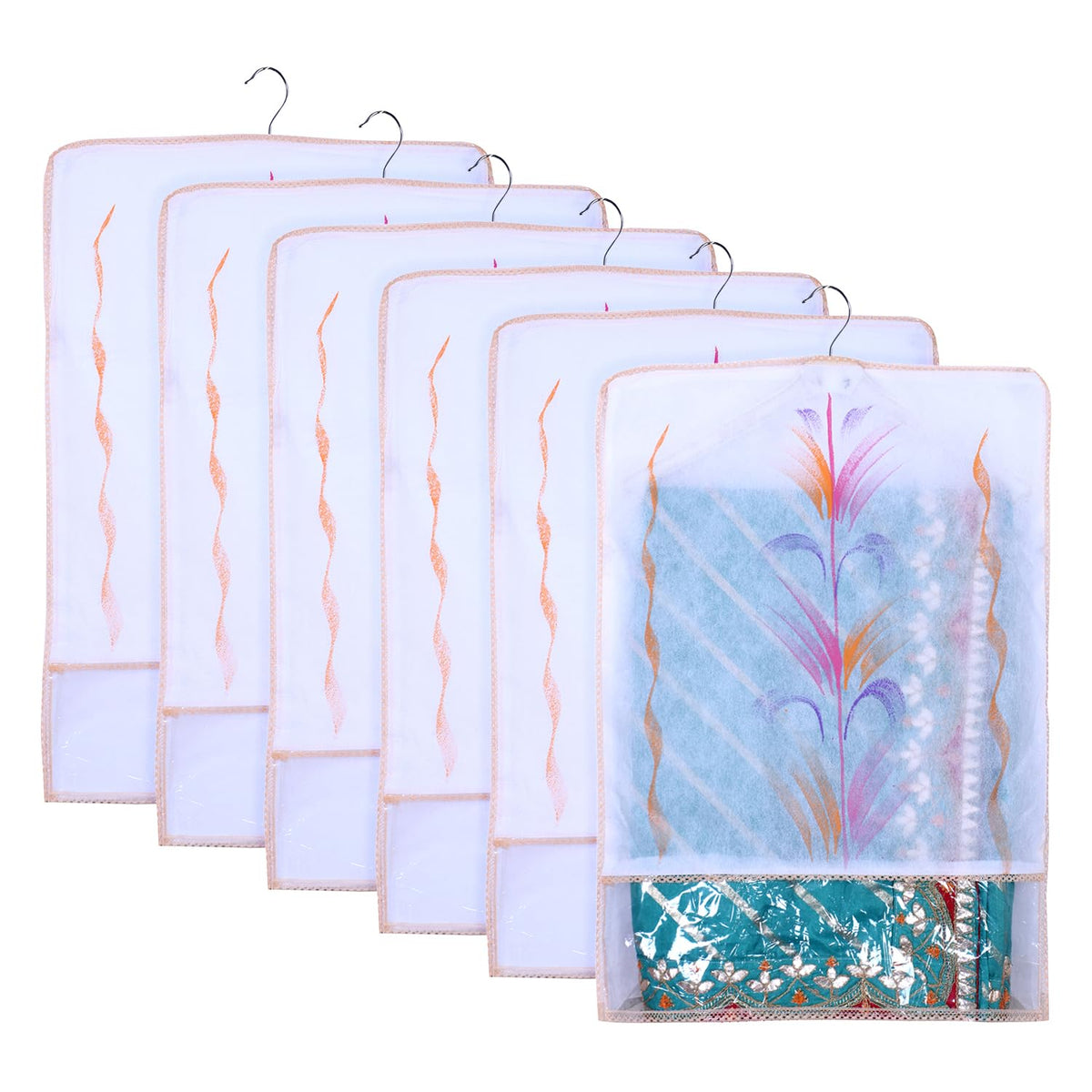 Heart Home Hanging Saree Cover | Brush Painting Pattern Saree Cover | Non-Woven Saree Covers for Home | Saree Cover with Small Transparent view | Pack of 6 | Orange