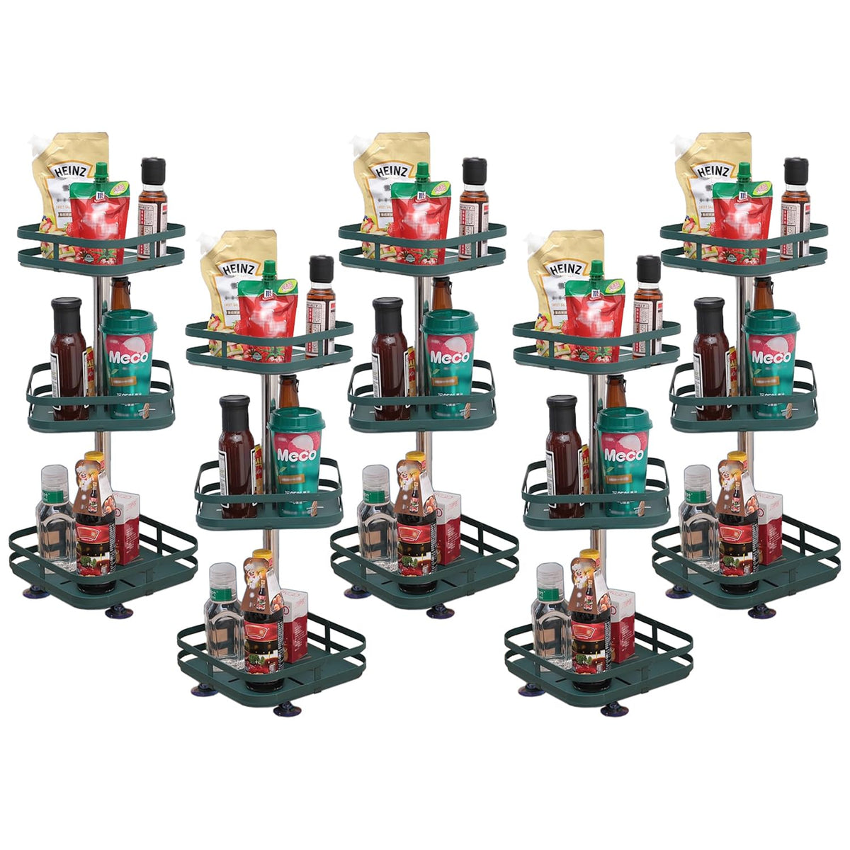 Kuber Industries 3-Layer Rotating Spice Rack|Square Shelf for Cabinet Countertop|360-Degree Rotable Kitchen Trolley|Fruit Basket Pack of 5 (Dark Green)