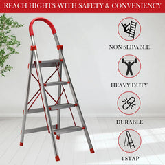 Kuber Industries 4 Step Heavy-Duty Foldable Aluminium Ladder with Wide Pedals and Hand Grip for Home and Office Use | Anti Slip Step Staircase for Home | Supports 150+ Kgs | Silver & Red