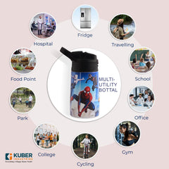 Kuber Industries 350 ml Insulated Water Bottle |Spiderman Kids Water Bottle | Stainless Steel Kids Water Bottle | Water Bottle with Push-Button Flip Lid | Bottle For School | Red & Blue | Pack of 3