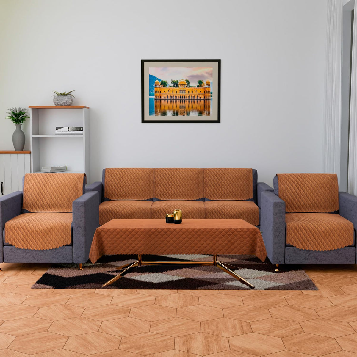 Heart Home Sofa-Center Cover Set | Sofa & Center Table Cover Combo | Quilted Sofa Cover with Table Cover | Velvet 5 Seater Sofa & Table Cover Set For Living Room | Brown
