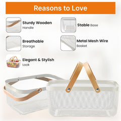 Urbane Home Metal Mesh Basket for Storage with wooden handle| 720gm | Fruit Basket and Vegetable Basket for Kitchen | Kitchen Organizer | Baskets for Organizing Home | White | Multipurpose |