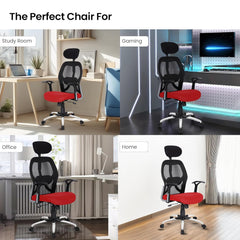 Kuber Industries Ergonomic Office Chairs for Work From Home | Comes with Manual Height Adjustable, Armrest, Headrest & 2D Lumbar Support | Comfy Study Chair for Students with Wheels | Black & Red Seat