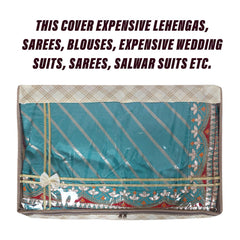 Heart Home Lehenga Cover | Non-Woven Gown Cover | Check Bow Pattern Garment Cover | Salwar Suit Cover with Top Transparent | Large | Cream