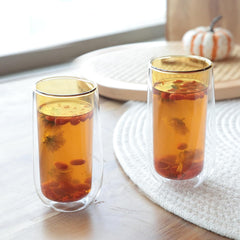 Kuber Industries 2 Pcs Double Walled Borosilicate Glass | High Thermal Resistance | Microwave & Dishwasher Safe | 240 ML | Pack of 1 | Yellow