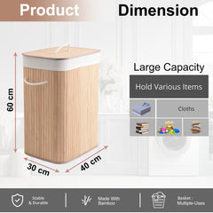 Kuber Industries 72 Ltr Rectangular Bamboo Laundry Basket For Clothes With Lid | Washing Clothes Storage Bag & Laundry Box - Light Brown