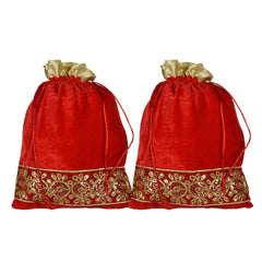 Heart Home Potli|Velvet Wedding Potli|Drawstring Closure Potli|Wallet Potli|Christmas Gift Potli|Baby Shower Potli|Traditional Shagun Potli|Gota Potli|9x12 Inch|Pack of 2|Red