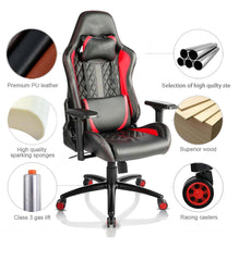 Kuber Industries Ergosmart PC Gaming Chairs with Arm Rest & Wheels | Comes with Headrest & Lumbar Support Cushions | Comfortable Chair for Long Sitting & Back Pain Relief Support | Red & Black