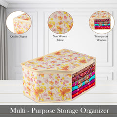 Kuber Industries Blouse Cover | Clothes Storage Bag | Zipper Wardrobe Organizers | Non-Woven Clothes Organiser | Side Transparent Blouse Organizer | Red Flower-Design | Pack of 6 | Ivory