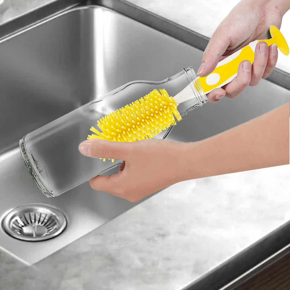 Kuber Industries Bottle Brush | Long Handle Bottle Brush | Silicone Bottle Cleaner Brush Set | Baby Feeding Bottle Cleaning Brush | Nipple Cleaner with Suction Base | Yellow