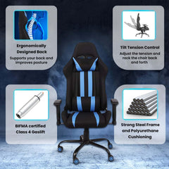 Kuber Industries Ergonomic Office Chairs for Work From Home | Comes with Manual Height Adjustable, Armrest, Headrest & 2D Lumbar Support | Comfy Study Chair for Students with Wheels | Black & Blue