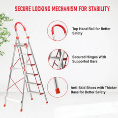 Kuber Industries 6 Step Heavy-Duty Foldable Aluminium Ladder with Wide Pedals and Hand Grip for Home and Office Use | Anti Slip Step Staircase for Home | Supports 150+ Kgs | Silver & Red
