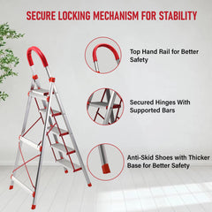 Kuber Industries 5 Step Heavy-Duty Foldable Aluminium Ladder with Wide Pedals and Hand Grip for Home and Office Use | Anti Slip Step Staircase for Home | Supports 150+ Kgs | Silver & Red