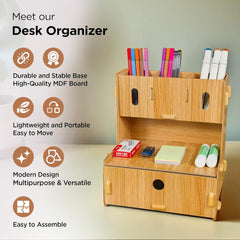 Urbane Home 3 Compartments with One Bottom Drawer Pen Stand for Office | MDF Wood Rack | Aesthetic Stationery Stand for Office Table Accessories | Burlywood | 23.3x17.5x25.5cm