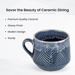 Kuber Industries Ceramic Microwave, Dishwasher Safe Tea/Coffee Cups with Handle | Scratch-Stain Resistant Lemon Tea, Coffee Mug Cup Crockery for Home, Offices & Bar | Leaf - Blue