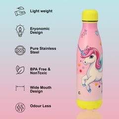 Kuber Industries 500 ml Water Bottle with 2 Lids | Unicorn Rainbow | Stainless Steel Bottle for Travel-Gym & Sports | BPA-Free Insulated Sipper Bottle for Adults & Kids with Straw | Pink | Pack of 6