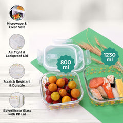 Kuber Industries Borosilicate Printed Container With Lid (Square) | JDA052-MUL | Transparent | Pack Of 2