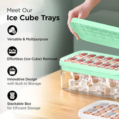 Heart Home 2 Layer Ice Cube Trays with Storage Box & Ice Scoop | 56 Compartments | One Press Demolding | Ice Cubes for Whiskey Cocktails Mocktails Soft Drinks | BPA Free | Aqua