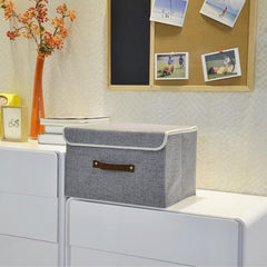 Kuber Industries Large Storage Box With Lid|Foldable Toys Storage Bin|Wardrobe Organizer For clothes|Front Handle & Sturdy Pack Of-4 (Grey)