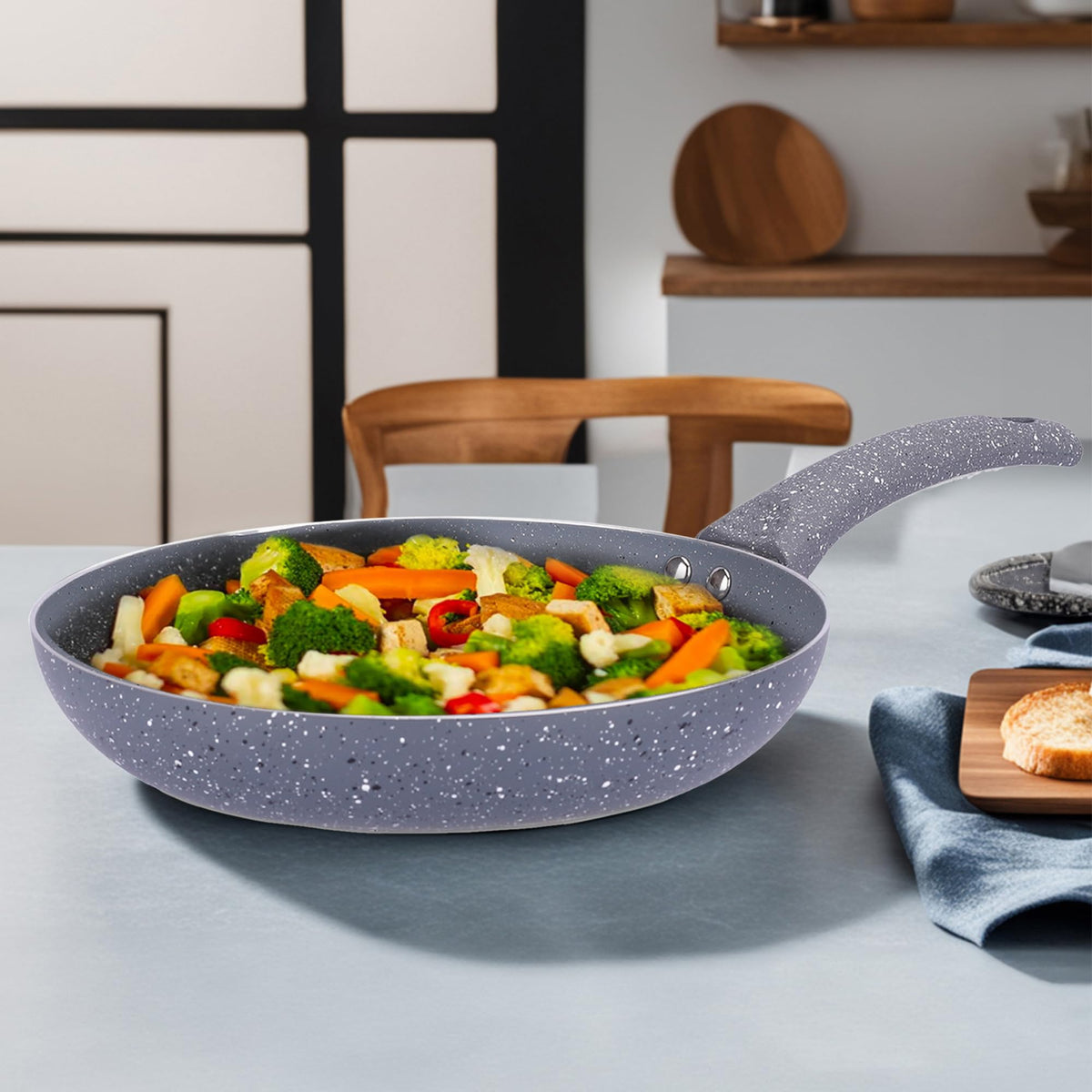 Heart Home Non-Stick Aluminum Frying Pan with Handle | Lightweight Induction Pan for Omelettes & Fish Cooking & Tadka | Scratch Resistent, Gas & Induction Compatible | Grey