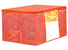 Kuber Industries Lahariya Design Non-woven Foldable Underbed/Storage Bag/Wardrobe Organizer With Transparent Window- Pack of 6 (Orange)-44KM0503