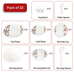 Kuber Industries 32 Pieces Round Melamine Microwave & Dishwasher Safe Dinnerware Kitchen Crockery Set | Glossy Dinner Sets & Kitchen Set for Home | Stylon Leaf Dots - White