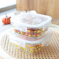 Kuber Industries Borosilicate Printed Container With Lid (Square) | JDA052-MUL | Transparent | Pack Of 2