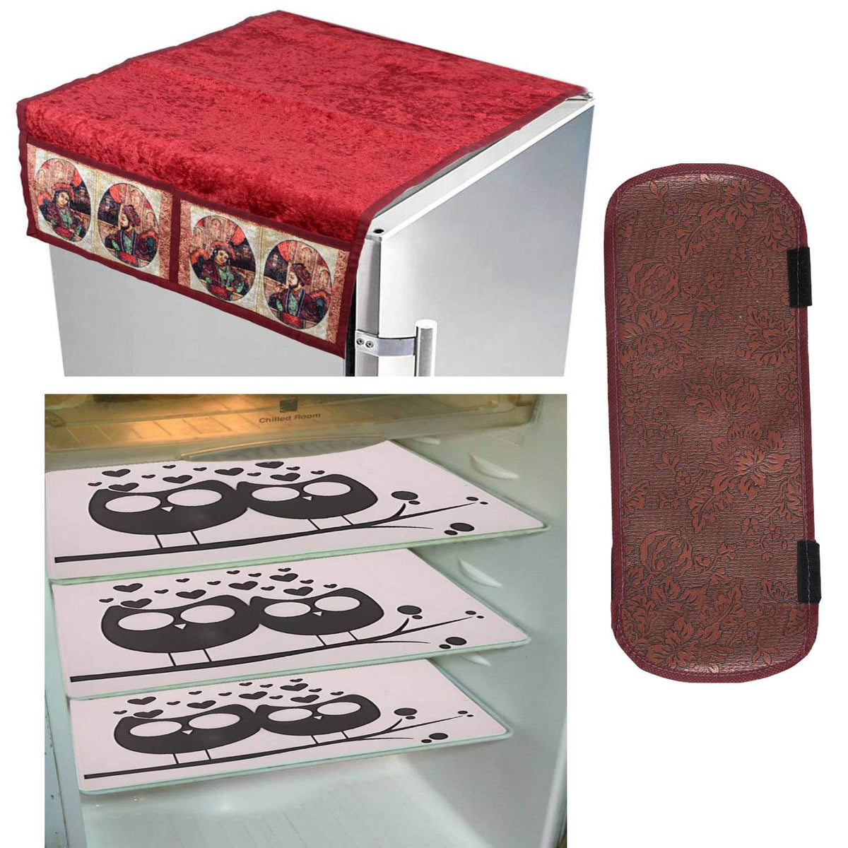 Kuber Industries Cloth 3 Pieces Fridge Mat, 1 Piece Handle Cover and 1 Pieces Fridge Top Cover (Multi)-CTKTC2801